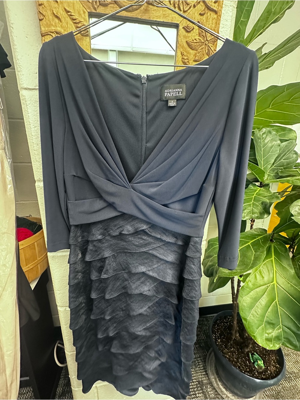 Adrianna Papell Navy Long-Sleeve Ruffle Hem Dress